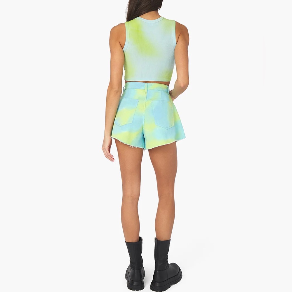 NWT WeWoreWhat Flare Bell Short in Tie Dye Stretch Twill Denim